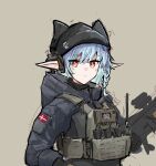  ammunition_pouch beanie blue_hair blue_jacket braid braided_bangs denmark grey_headwear gun hat highres hood hood_down jacket load_bearing_vest looking_at_viewer magazine_(weapon) orange_eyes original pointy_ears pouch rennn_(ilobeste) sketch tactical_clothes walkie-talkie weapon 