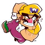  1boy big_nose brown_hair cleft_chin clenched_teeth facial_hair gloves green_footwear highres legendofnerd muscular mustache overalls pointy_ears purple_overalls shirt simple_background teeth thick_eyebrows wario wario_land white_background white_gloves yellow_headwear yellow_shirt 