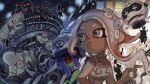  3girls agent_8_(splatoon) baseball_cap bodysuit closed_mouth commentary dark-skinned_female dark_skin dedf1sh drone fish floating glitch glowing glowing_eyes gradient_hair grey_eyes grey_hair gun hat headphones highres holding holding_gun holding_weapon ikura_tuna multicolored_hair multiple_girls non-humanoid_robot octoling pearl_drone_(splatoon) red-tinted_eyewear red_eyes red_hair robot sanitized_(splatoon) sleeveless sleeveless_bodysuit splat_dualies_(splatoon) splatoon_(series) splatoon_3 splatoon_3:_side_order star-shaped_pupils star_(symbol) sunglasses symbol-shaped_pupils tentacle_hair thick_eyebrows tinted_eyewear two-tone_hair weapon white_bodysuit 