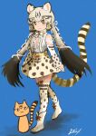  1girl animal_ears blue_background boots bow bowtie cat_ears cat_girl cat_tail extra_ears full_body garter_straps geoffroy&#039;s_cat_(kemono_friends) green_eyes grey_hair highres kemono_friends kemono_friends_v_project long_hair looking_at_viewer microphone muromitsu_t2 ribbon shirt simple_background skirt solo suspenders tail thighhighs twintails virtual_youtuber 