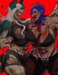  abs angry bachikin bandage belt big_breasts blood blood_on_breast blood_on_hand blood_on_leg blood_on_mouth blue_hair bra breast_squish breasts bruised claws clothed clothing crop_top demon duo female fight green_eyes hair horn humanoid long_hair muscular muscular_female open_mouth pants pointy_ears red_eyes shirt shorts smile spiral_eyes teeth thong torn_clothing torn_topwear underwear vein white_hair wings wounded 