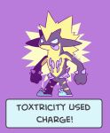 amped_toxtricity animated anthro biped clothing countershade_face countershade_torso countershading electricity english_text footwear generation_8_pokemon hi_res male nintendo pokemon pokemon_(species) purple_background shoes simple_background slippers smile solo text tongue tongue_out toxtricity yuki_oto