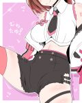  1girl black_necktie black_shorts blush breasts brown_hair closed_mouth collared_shirt commentary_request cowboy_shot crop_top gradient_background head_out_of_frame heart impossible_clothes impossible_shirt jacket large_breasts midriff miso_panda nanashi_inc. necktie open_clothes open_jacket pink_background pink_hair pink_thighhighs shadow shiny_skin shirt short_hair short_shorts shorts single_thighhigh smile solo thighhighs torn_clothes torn_shorts two-tone_background white_background white_jacket white_shirt yunohara_izumi 