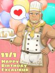  absurdres apron ascot balloon bara beard blonde_hair blush cake chef_hat closed_mouth crave_saga dark-skinned_male dark_skin dated earrings excalibur_(crave_saga) eyebrow_cut facial_hair food forked_eyebrows hand_on_own_hip happy_birthday hat heart highres hiroki_(hirokiin2jigen) holding holding_plate jewelry large_pectorals looking_at_viewer male_focus mature_male muscular muscular_male naked_apron official_alternate_costume pectorals pink_background plate short_hair sidepec smile spoken_heart steaming_body thick_eyebrows white_apron wrist_cuffs yellow_ascot 