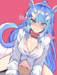  1boy 1girl absurdres blue_eyes blue_hair blue_horns blush bonnggu223 bottomless breasts cleavage clenched_teeth collar collared_shirt cowgirl_position dashed_eyes dragon_girl dragon_horns dragon_tail dress_shirt dutch_angle girl_on_top gradient_horns hair_bun heart heart-shaped_pupils hetero highres horns large_breasts long_hair long_sleeves looking_at_viewer multicolored_horns naked_shirt no_bra nose_blush open_clothes open_shirt original pov pussy_juice red_background red_collar saliva sex shirt snot solo_focus spread_legs straddling sweat symbol-shaped_pupils tail teeth vaginal very_long_hair white_shirt wing_collar 