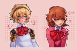  +++ ... 2girls aegis_(persona) after_kiss android blue_eyes blush bow brown_eyes brown_hair commentary hair_between_eyes hairband medium_hair multiple_girls persona persona_3 pink_background pink_shirt red_bow shirt short_hair simple_background spoken_ellipsis takeba_yukari trill_(trillmunch) yuri 