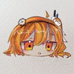  1girl a.i._voice adachi_rei ahoge black_hairband commentary faux_traditional_media hair_between_eyes hair_ribbon hairband head_only looking_at_viewer medium_hair minimima_(atllygqwp237048) no_nose one_side_up orange_eyes orange_hair paper_texture parted_lips radio_antenna ribbon simple_background solo utau white_background white_ribbon yukkuri_shiteitte_ne 