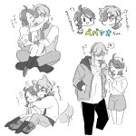  1boy 1girl animal_ears arven_(pokemon) braid dog_boy dog_ears dog_tail food greyscale hair_over_one_eye hetero highres holding holding_food ice_cream_cone juliana_(pokemon) long_hair monochrome multicolored_hair multiple_views necktie open_mouth oysmrm pokemon pokemon_sv school_uniform shirt short_sleeves side_braid single_braid smile tail tail_wagging two-tone_hair 