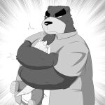 2024 anthro bear biped bottomwear canid canine canis clothing comic domestic_dog duo embrace hug kemono kogure_1212 male mammal overweight overweight_male pants shirt simple_background size_difference topwear