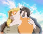 2015 anthro big_breasts blonde_hair breasts brown_body brown_fur brown_hair canid canine canis clothed clothing digital_media_(artwork) duo eyes_closed female fox fur hair head_on_shoulder male mammal michelle_(xxsparcoxx) multicolored_body multicolored_fur obese obese_anthro obese_female orange_body orange_fur overweight overweight_anthro overweight_female shirt topwear two_tone_body two_tone_fur wildert_(xxsparcoxx) wolf xxsparcoxx