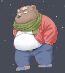 2024 anthro bear belly big_belly black_nose bottomwear brown_body brown_fur clothing footwear fur kemono male mammal overweight overweight_male pants sandals scarf shirt simple_background solo topwear toshi_(artist)