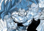  3boys blue_eyes blue_hair clenched_teeth cropped_vest dragon_ball dragon_ball_super dragon_ball_super_broly gogeta kamehameha_(dragon_ball) limited_palette multiple_boys nanika_(nnkgh) open_mouth son_goku spiked_hair super_saiyan super_saiyan_blue teeth vegeta vest 