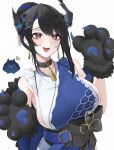  1girl @_@ animal_hands black_hair blue_hair blue_kimono breasts collar cosplay earrings fuwawa_abyssgard fuwawa_abyssgard_(cosplay) fuwawa_abyssgard_(new_year) gloves hair_bun highres hololive hololive_english horns jailbird_(nerissa_ravencroft) japanese_clothes jewelry kimono large_breasts mintz912 mole mole_under_eye multicolored_hair nerissa_ravencroft paw_gloves sideboob spiked_collar spikes two-tone_hair virtual_youtuber 