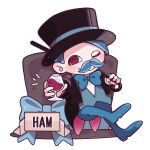 1boy @_@ baron_ham_(fake_type) black_jacket blue_bow blue_bowtie blue_footwear blue_hair blue_pants blue_shirt bow bowtie cane chair character_name chibi cup drinking_glass facial_hair fake_type hat highres holding holding_cane holding_cup jacket looking_at_viewer male_focus mustache one_eye_closed open_clothes open_jacket pants red_eyes sharp_teeth shirt simple_background sitting smile solo teateanoin teeth toasting_(gesture) top_hat white_background wine_glass 