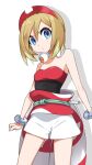  1girl bare_shoulders blonde_hair blue_eyes bracelet breasts cleavage closed_mouth frown hair_between_eyes hairband highres irida_(pokemon) jewelry looking_at_viewer pokemon pokemon_legends:_arceus red_hairband red_shirt sash shadow shirt short_hair shorts sleeveless sleeveless_shirt small_breasts solo strapless strapless_shirt white_background white_shirt yuihico 