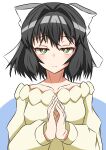  1girl 9ma_(9matohibari) absurdres black_hair breasts eyebrows_hidden_by_hair green_eyes hair_ribbon highres kohinata_miku large_ribbon light_frown looking_at_viewer own_hands_clasped own_hands_together ribbon senki_zesshou_symphogear short_hair simple_background small_breasts solo sweater unamused upper_body white_ribbon white_sweater 