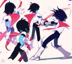  1other armor black_bodysuit black_hair blue_skin bodysuit boots colored_skin cropped_legs crossed_arms deltarune from_behind gloves highres holding holding_sword holding_weapon kris_(deltarune) multiple_views pointing red_scarf scarf senjochi_janai signature simple_background sword weapon white_footwear white_gloves 