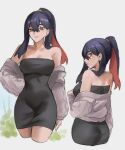  1girl ass bare_shoulders black_dress black_hair breasts carmine_(pokemon) colored_inner_hair commentary cropped_legs dress from_behind grey_background grey_jacket highres jacket looking_at_viewer medium_breasts multicolored_hair multiple_views off_shoulder open_clothes open_jacket pokemon pokemon_sv ponytail red_hair short_dress simple_background smile standing strapless strapless_dress thighs tommy_(kingdukeee) tube_dress yellow_eyes 