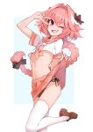  1boy ;d absurdres arm_up astolfo_(fate) ataruman black_bow black_panties black_ribbon blush bow braid brown_footwear crop_top erection erection_under_clothes fang fate/apocrypha fate_(series) hair_intakes highres lifted_by_self loafers long_braid long_hair looking_at_viewer male_focus multicolored_hair navel one_eye_closed open_mouth panties pink_hair purple_eyes red_sailor_collar ribbon sailor_collar shoes short_sleeves simple_background single_braid skirt skirt_lift smile solo standing standing_on_one_leg streaked_hair thighhighs trap two-tone_hair underwear v v_over_eye white_hair white_legwear 