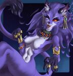absurd_res anthro belladonna_(trials_of_mana) bracelet breasts canid canine canis collar collar_only featureless_breasts female hair hi_res inner_ear_fluff jewelry looking_at_viewer mammal multicolored_body navel nude one_eye_closed purple_hair red_sclera ring solo tail tail_tuft trials_of_mana tuft two_tone_body wink wolf wooodies8 yellow_eyes