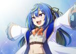  1girl :d belt black_ribbon blue_background blue_brooch blue_hair blush bow bowtie breasts brown_belt chest_belt coat commentary_request crop_top frilled_sleeves frills green_hair hair_between_eyes hair_intakes hair_ribbon heebee long_hair long_sleeves looking_afar medium_bangs midriff mole mole_on_stomach mole_under_eye multicolored_hair nanashi_inc. navel open_clothes open_coat open_mouth orange_bow orange_bowtie outstretched_arms pink_eyes ribbon shirt small_breasts smile solo sparkle spread_arms striped_clothes striped_shirt suzumi_nemo suzumi_nemo_(1st_costume) teeth two-tone_hair two_side_up upper_body upper_teeth_only vertical-striped_clothes vertical-striped_shirt virtual_youtuber white_coat white_shirt 