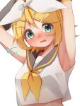  1girl armpits arms_up blonde_hair blue_eyes blush bow crop_top detached_sleeves eshe_mr fang flying_sweatdrops hair_bow hair_ornament hairclip highres kagamine_rin looking_at_viewer midriff neckerchief nose_blush open_mouth sailor_collar shirt short_hair sleeveless sleeveless_shirt solo upper_body vocaloid 