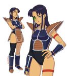  1girl artist_name blackfire boots closed_mouth cowboy_shot crossed_arms dc_comics full_body grey_background hand_on_own_hip highres jenxd_d long_hair parted_bangs saiyan_armor scouter simple_background single_thighhigh smile standing teen_titans thighhighs 