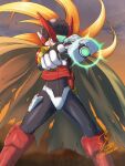  1boy artist_name black_bodysuit black_eyes blonde_hair bodysuit cloak crop_top energy_gun fontatoba gun helmet highres holding holding_gun holding_weapon mega_man_(series) mega_man_zero_(series) ponytail red_top solo torn_cloak torn_clothes twitter_username weapon zero(z)_(mega_man) zero_(mega_man) 