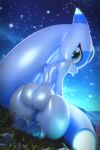 absurd_res alien blue_hair butt coel3d female glowing hair hi_res humanoid looking_at_viewer lunaris_(pal) pal_(species) palworld solo