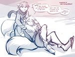  2017 anthro canine chest_tuft clothed clothing dialogue digitigrade duo english_text eyes_closed falling female hi_res ice_skates ice_skating keidran laugh lying male mammal mittens monochrome on_back raine_(twokinds) scarf sketch smile text tom_fischbach tuft twokinds webcomic winter wolf zen_(twokinds) 