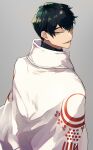  1boy black_hair coat fate/grand_order fate_(series) from_behind green_eyes grey_background hair_between_eyes highres itou_kashitarou_(fate) male_focus parted_lips print_coat simple_background smile solo upper_body white_coat yuu_(areruya) 