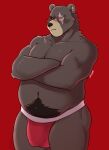 2022 absurd_res anthro artist_name bear ben_(zenless_zone_zero) blush brown_body bulge clothed clothing crossed_arms darolion eye_scar facial_scar hi_res jockstrap jockstrap_only male mammal mihoyo overweight overweight_male pubes red_background red_clothing red_underwear scar simple_background solo topless underwear underwear_only zenless_zone_zero