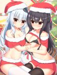  2girls absurdres alternate_costume bare_shoulders black_bra black_hair black_thighhighs blue_hair blush bra braid breasts christmas christmas_tree cleavage closed_mouth collarbone commentary_request cowboy_shot crossover curvy eyes_visible_through_hair french_braid frown grabbing grabbing_another&#039;s_breast groin hair_between_eyes halterneck hamidashi_creative hat highres indoors kamakura_shio large_breasts light_blue_hair long_hair looking_at_another madosoft miniskirt multiple_girls narumi_toa red_eyes red_skirt santa_costume santa_hat short_ponytail sidelocks skirt smile thighhighs twitter_username underwear very_long_hair wagamama_high_spec white_thighhighs yukinoto1390 yuri zettai_ryouiki 