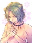  1boy blurry blurry_background closed_mouth frown futsuhiko green_hair hands_up harukanaru_toki_no_naka_de harukanaru_toki_no_naka_de_4 jewelry kiske looking_ahead male_focus mizura necklace nipples nude own_hands_together parted_bangs short_hair snowflakes solo upper_body white_background yellow_eyes 