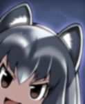  :d animal_ears blurry bokeh brown_eyes close-up commentary_request common_raccoon_(kemono_friends) depth_of_field grey_hair kemono_friends looking_at_viewer open_mouth raccoon_ears smile solo tsukasawa_takamatsu 