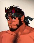  1boy bara beard black_hair colored_skin earrings facial_hair fang fang_out full_beard gradient_horns headband horns jewelry male_focus mature_male monster_boy multicolored_horns nude oni original pectorals pointy_ears portrait red_horns red_oni red_oni_(saltypoundcake) red_skin saltypoundcake scar scar_on_face scar_on_nose serious solo sparse_chest_hair thick_beard thick_eyebrows tusks 