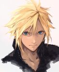  1boy black_shirt blonde_hair blue_eyes closed_mouth cloud_strife collarbone commentary_request final_fantasy final_fantasy_vii final_fantasy_vii_advent_children hair_between_eyes kiki_lala looking_at_viewer male_focus popped_collar portrait shirt short_hair solo spiked_hair upper_body zipper 