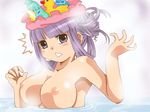  1girl :&lt; breasts hat large_breasts long_hair nipples nude patchouli_knowledge purple_eyes purple_hair rubber_duck solo surprised surprised_arms touhou upper_body yanagihara_tantoui 