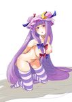  breasts crescent hat large_breasts long_hair nazuna_akaru patchouli_knowledge purple_eyes purple_hair solo striped striped_legwear thighhighs touhou 