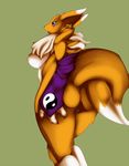  ass black_sclera blue_eyes breasts digimon fox furry hips huge_ass looking_back looking_behind open_mouth renamon simple_background tail wide_hips 