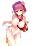  amisu ankle_strap bangs bare_legs bare_shoulders barefoot between_breasts blush breasts bun_cover closed_mouth double_bun eyebrows_visible_through_hair flower gluteal_fold ibaraki_kasen large_breasts looking_at_viewer navel nipples no_pants panties panty_pull pink_flower pink_hair pink_rose red_eyes red_ribbon ribbon rose short_hair side-tie_panties simple_background smile solo tabard thigh_gap touhou underwear untied untied_panties white_background white_panties 