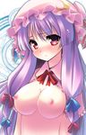  blush breasts cleavage crescent hair_ribbon hat large_breasts long_hair nipples nude patchouli_knowledge purple_eyes purple_hair ribbon small_nipples solo touhou upper_body usume_shirou 