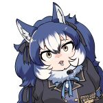  1girl animal_ears blue_hair bow bowtie dire_wolf_(kemono_friends) extra_ears grey_eyes jacket kemono_friends kemono_friends_v_project lipstick long_hair looking_at_viewer makeup mcgunngu microphone parted_lips ribbon scarf solo transparent_background twintails upper_body virtual_youtuber wolf_ears wolf_girl 