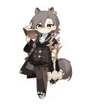  12_akn 1girl animal_ears arknights armor ascot black_coat black_pantyhose blush_stickers book chibi coat commentary_request crossed_bangs grey_hair hammer highres holding holding_book holding_hammer korean_commentary long_hair long_sleeves looking_at_viewer mole_above_eye pantyhose penance_(arknights) shoulder_armor simple_background solo tail white_ascot white_background wolf_ears wolf_girl wolf_tail 