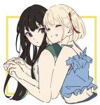  2girls atenaba bare_arms black_hair blonde_hair blue_camisole camisole closed_eyes commentary frilled_camisole frills hair_ribbon hashtag_only_commentary highres holding_hands hug hug_from_behind inoue_takina long_hair lycoris_recoil medium_hair multiple_girls nishikigi_chisato parted_lips purple_eyes red_ribbon ribbon shirt simple_background sleeveless sleeveless_shirt smile upper_body white_background yuri 