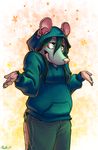  2017 abstract_background anthro clothed clothing conditional_dnp female green_eyes mammal norve overweight piercing rat ratte rodent shrug smile solo 