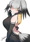  1girl backless_dress backless_outfit black_dress black_hair blush breasts dress elbow_gloves gloves grey_hair hair_between_eyes head_wings highres john_(a2556349) kemono_friends kemono_friends_3 large_breasts looking_at_viewer multicolored_hair shirt shoebill_(kemono_friends) sidelocks solo tail wings 