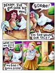  avian bird chicken clothed clothing comic dialogue egg english_text feathers hair human humor mammal nicholas_gurewitch perry_bible_fellowship smile text 