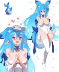  1girl absurdres bare_shoulders blue_eyes blue_hair blue_tail blush bow breasts chillet cleavage covered_navel drooling headpat heart highres large_breasts leotard long_hair open_mouth pal_(creature) palworld personification pointy_ears simple_background smile solo tail thighhighs white_background white_leotard white_thighhighs wonbin_lee 