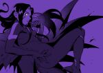  1girl akakokko_(niro_azarashi) ass bird_girl birdmen bodysuit breasts elbow_gloves fingernails from_side gloves hand_on_own_hip long_hair looking_at_viewer monochrome parted_lips purple_theme sharp_fingernails simple_background small_breasts solo wang_ying_huang wings 